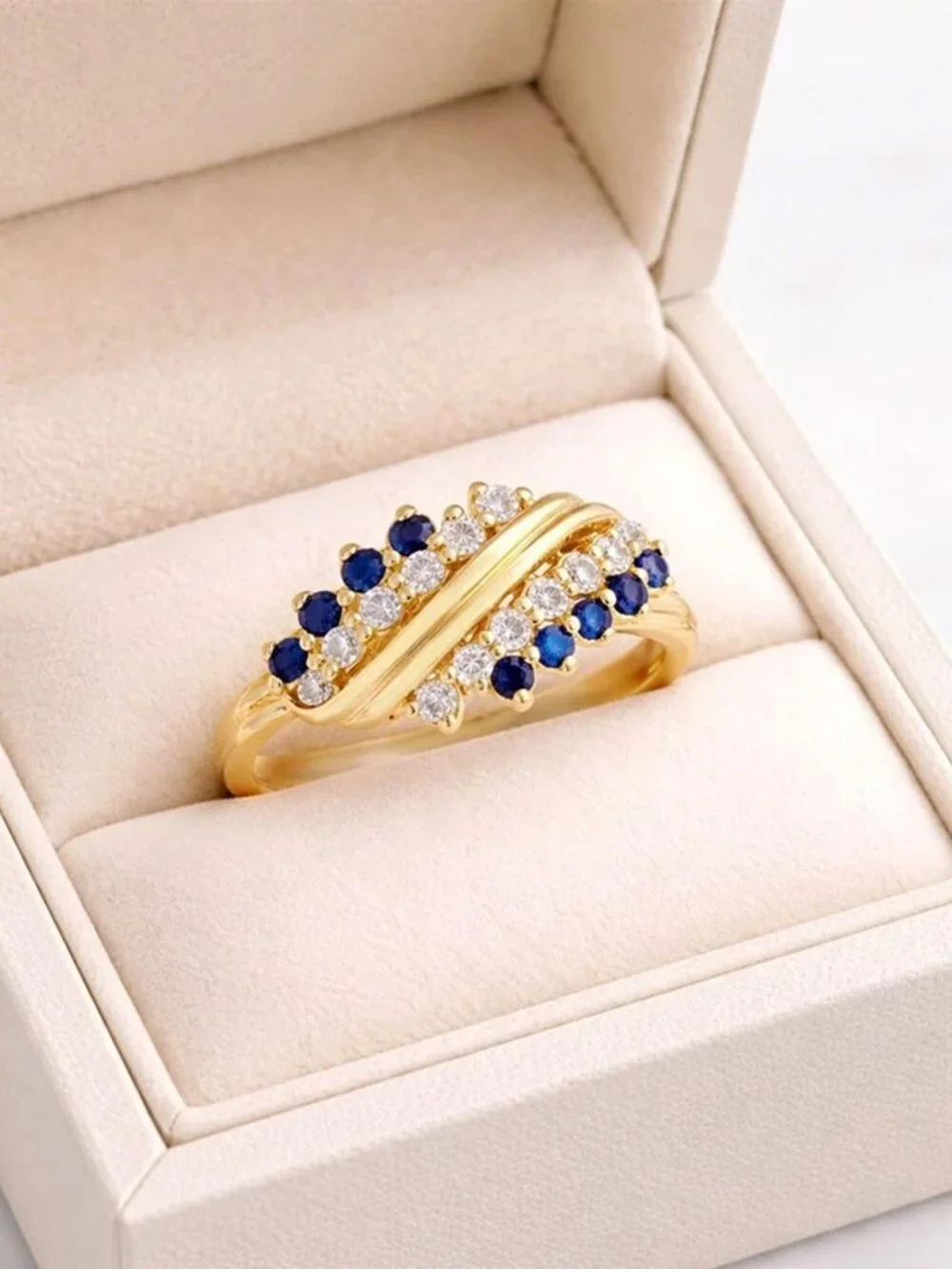 Created Blue & White Sapphire Ring Solid 14k Yellow Gold